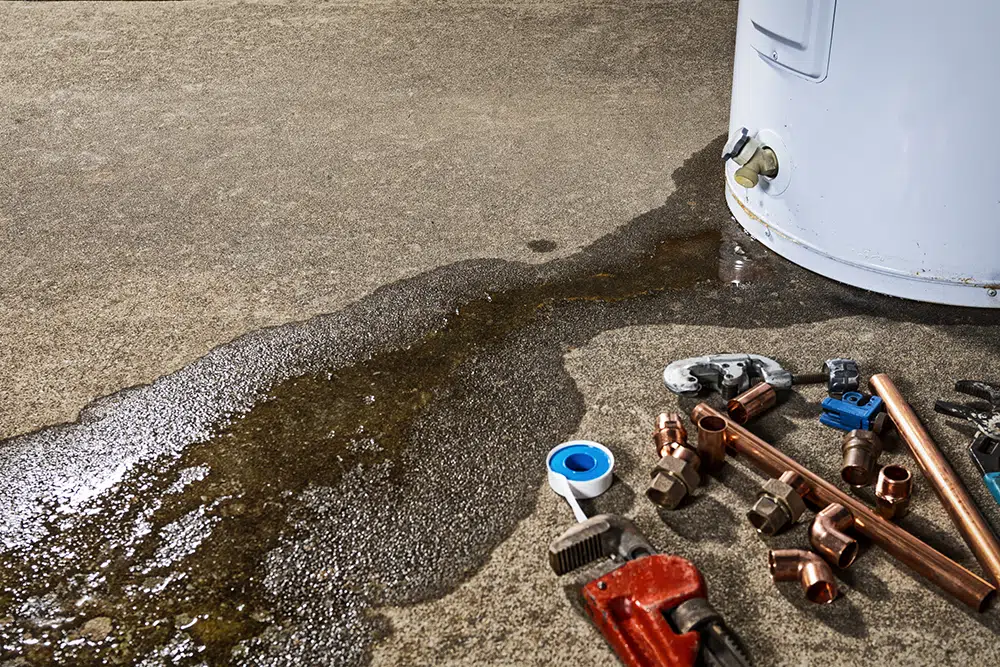 Water leaking from a water heater with plumbing tools on the ground during a repair in Wilson, NC.