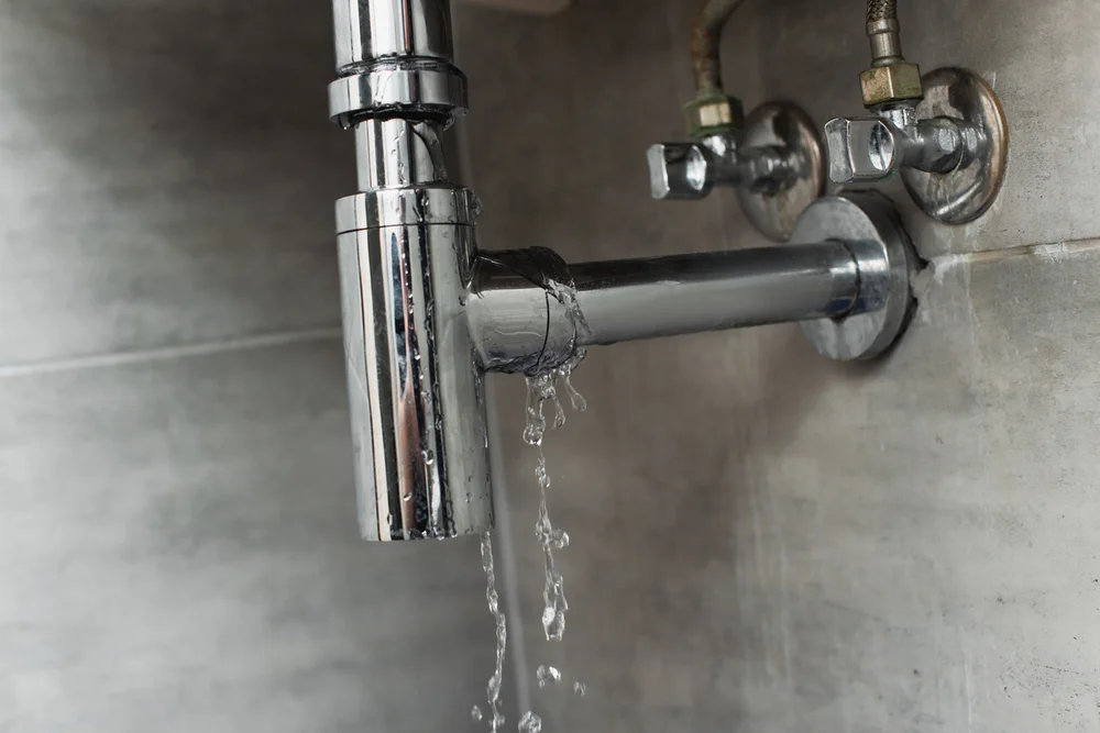 Active water leak from a broken pipe under a sink requiring emergency plumbing repair near Wilson, North Carolina.