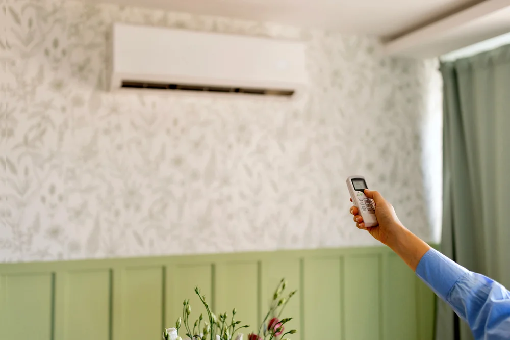 Homeowner using a remote to control a mini split HVAC system in the Wilson, NC area.