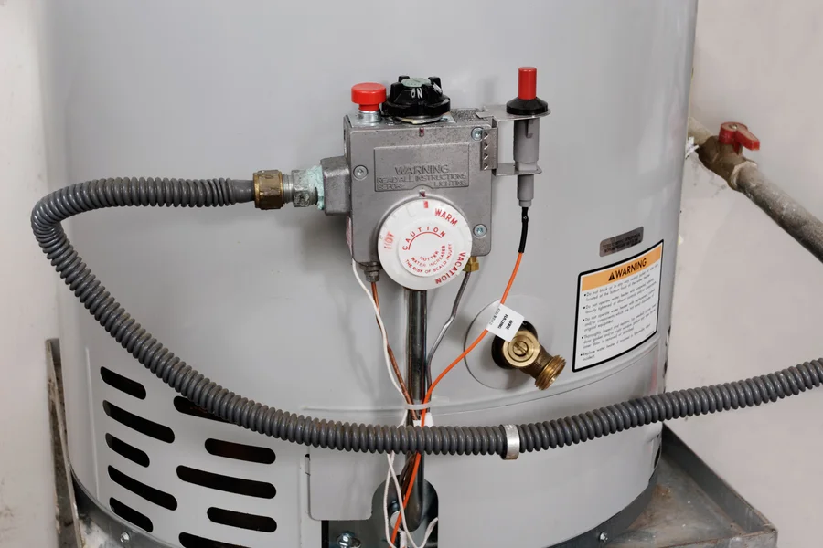 Gas water heater control valve and burner assembly inside a home near Wilson, North Carolina.
