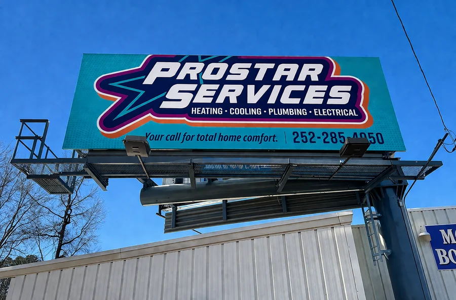Close-up of Prostar Services sign highlighting HVAC and plumbing services for homeowners in the Wilson, NC area