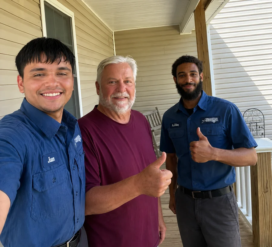 Friendly Prostar Services technicians posing with satisfied homeowner after HVAC service in the Wilson, NC area on a front porch