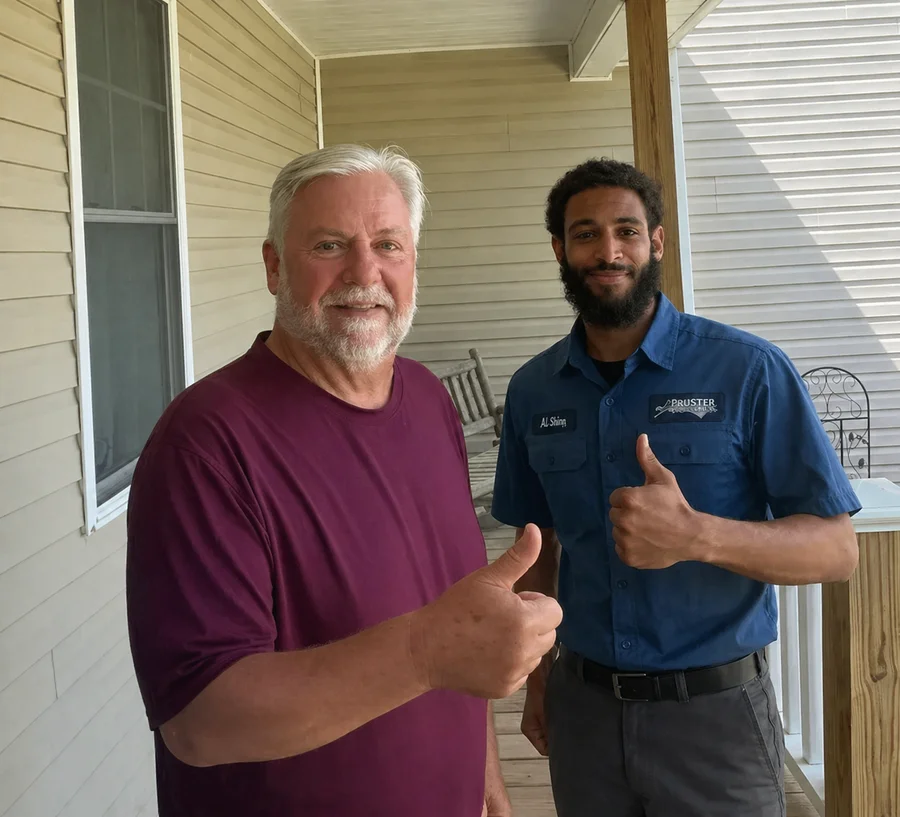 Happy Clayton homeowner giving thumbs up alongside Prostar Services technician after heating and cooling service visit at home